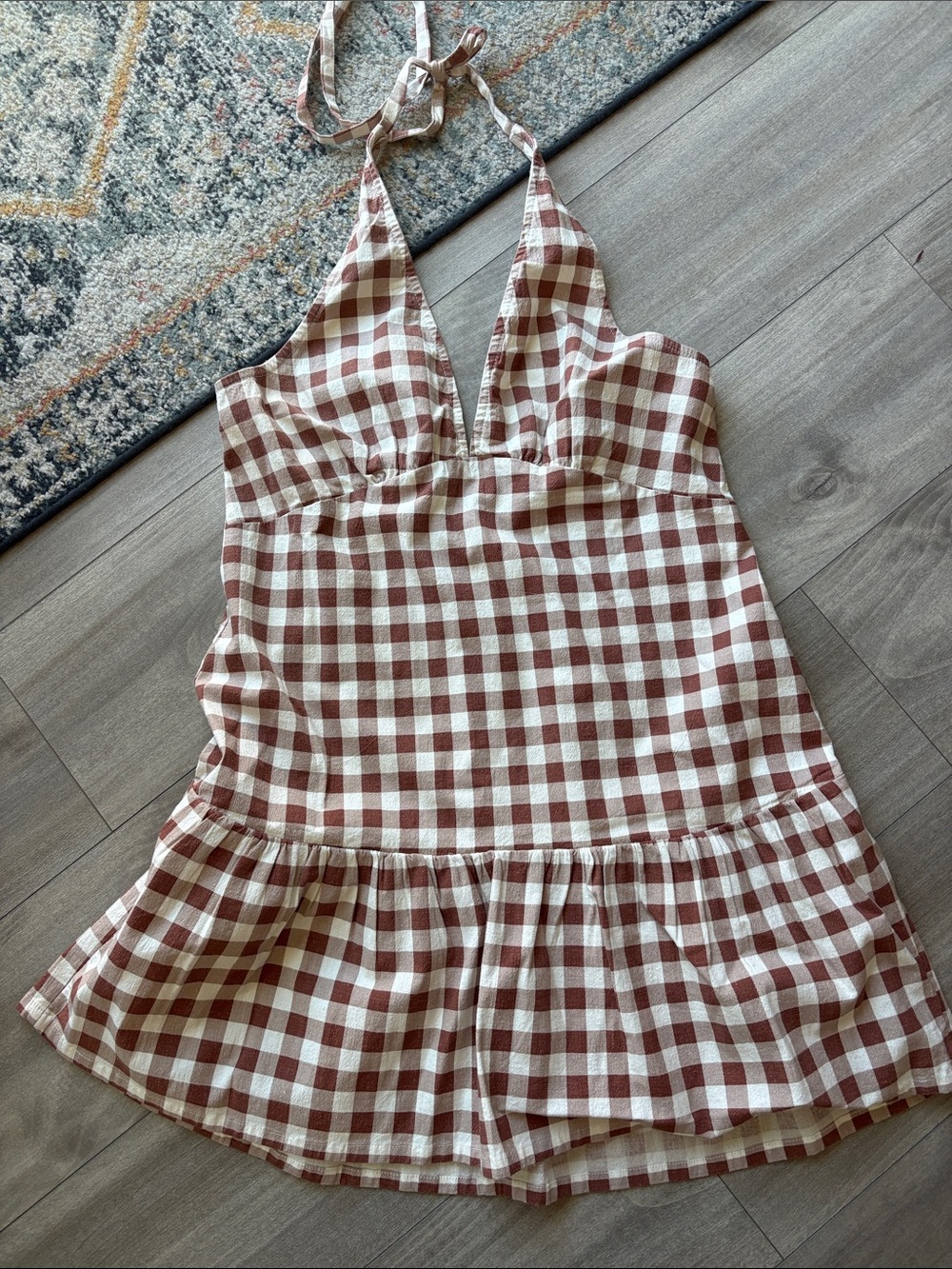 Free People Brown & Cream Gingham Halter Dress